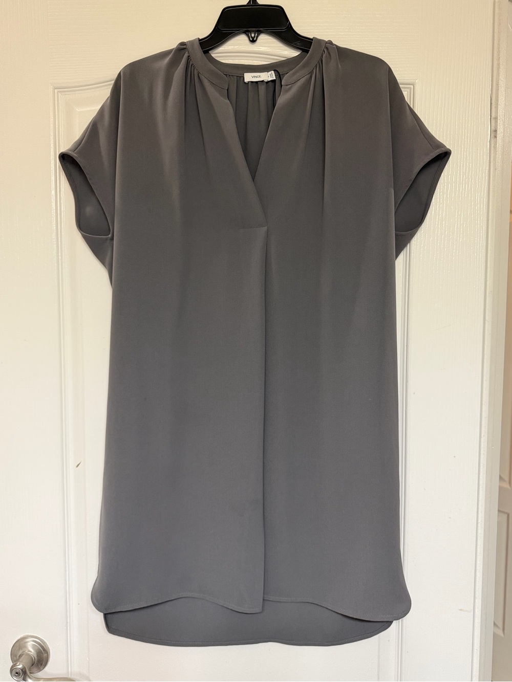 Vince Gray Split Neck Popover Shift Dress Cap Sleeve High Low Midi Small NWOT